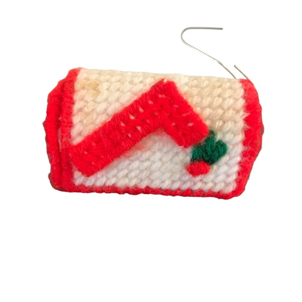 Handcrafted Red & White Yarn Mailbox Ornament Embroidered Detail Plastic Canvas